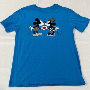 Disney Blue Mickey Minnie Mouse Kissing Heart Boys XL / Women's S T‎ Shirt